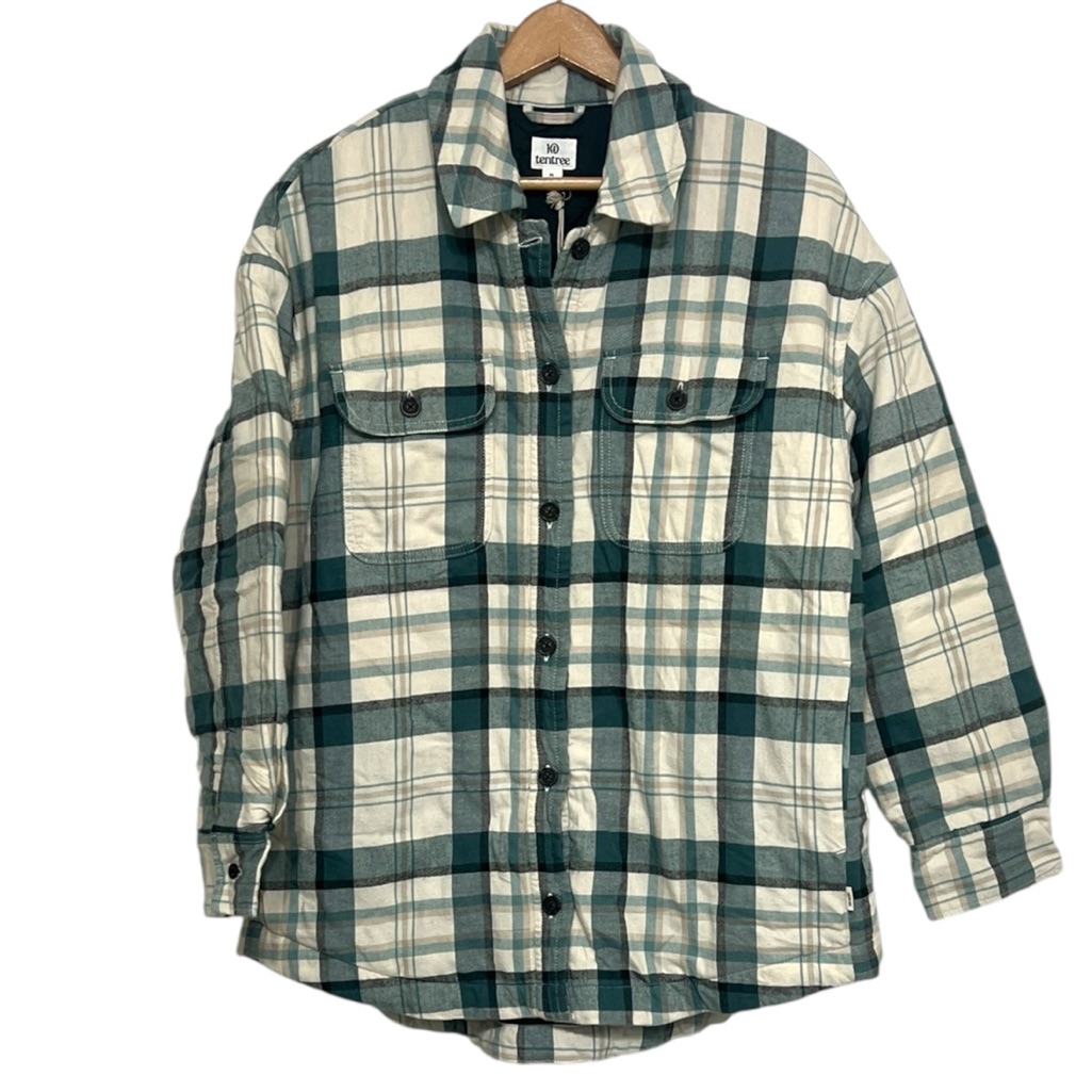 Tentree Insulated Flannel Shacket Plaid Green Medium Oversized Nwt